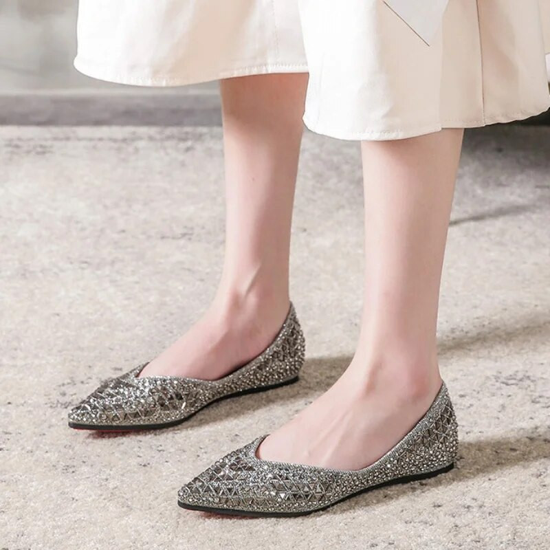 Ženske ravne cipele sa šiljatim dijamantima, jednobojne, jednobojne, mekane donje strane, udobne cipele za čamac, velike natikače Zapato Plano Mujer