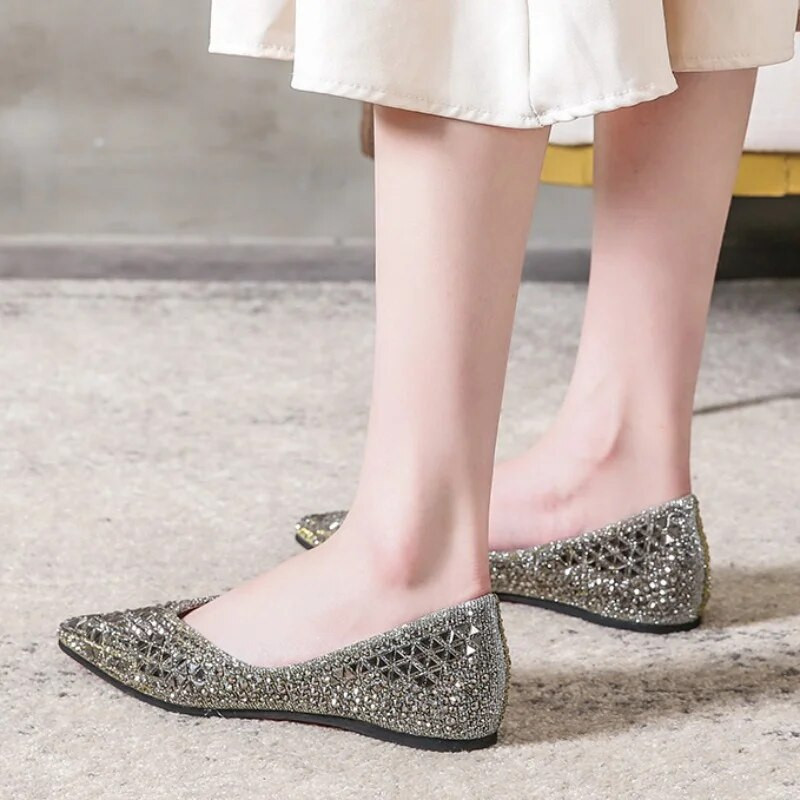 Ženske ravne cipele sa šiljatim dijamantima, jednobojne, jednobojne, mekane donje strane, udobne cipele za čamac, velike natikače Zapato Plano Mujer