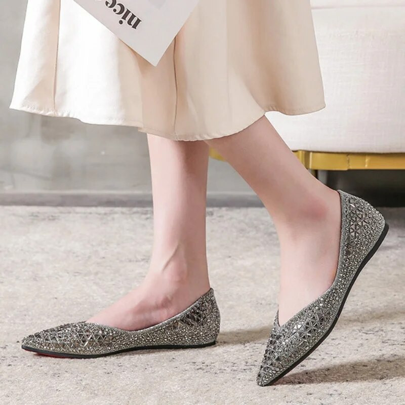 Ženske ravne cipele sa šiljatim dijamantima, jednobojne, jednobojne, mekane donje strane, udobne cipele za čamac, velike natikače Zapato Plano Mujer