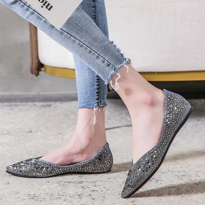 Ženske ravne cipele sa šiljatim dijamantima, jednobojne, jednobojne, mekane donje strane, udobne cipele za čamac, velike natikače Zapato Plano Mujer