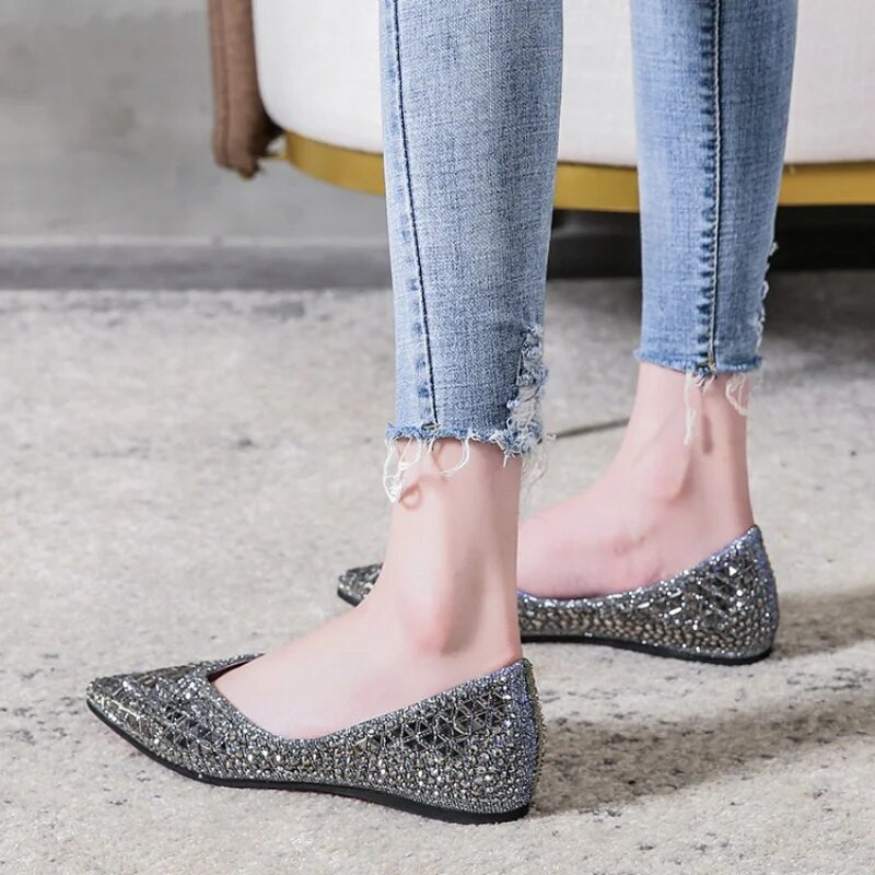 Ženske ravne cipele sa šiljatim dijamantima, jednobojne, jednobojne, mekane donje strane, udobne cipele za čamac, velike natikače Zapato Plano Mujer
