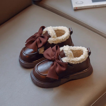 Памучни ботуши за момичета Кожени ботуши с лък на принцеса Есен Зима Нова детска мода Плюшени топли ботуши за сняг Нехлъзгащи се обувки с мека подметка