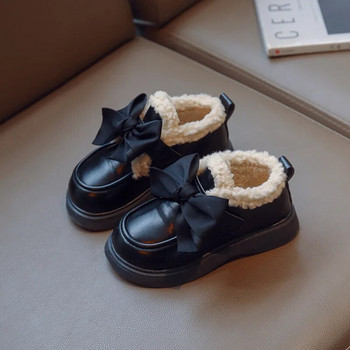 Памучни ботуши за момичета Кожени ботуши с лък на принцеса Есен Зима Нова детска мода Плюшени топли ботуши за сняг Нехлъзгащи се обувки с мека подметка