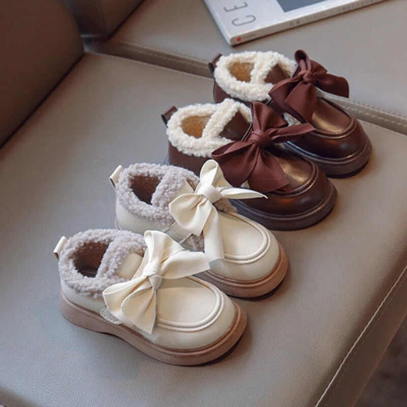 Mergaičių medvilniniai batai Princesės lankelis odiniai batai rudens žiemai Nauji vaikiški mada pliušiniai šilti sniego batai neslystantys minkštu padu