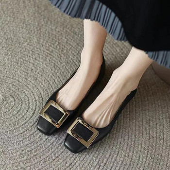 Нови дамски обувки с равни обувки с квадратни пръсти Плоски обувки с квадратни копчета Черни мокасини Основни равни сватбени обувки на нисък ток
