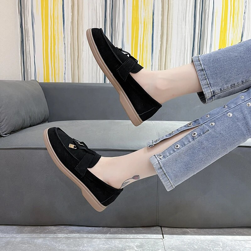 2022. gada liela izmēra zamšādas plakanie, ērta, apaļa purngala metāla slēdzene Dekoratīvi ikdienas apavi Klasiski viegli, ērti svārki