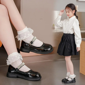 2023 Νέα απλά αντιολισθητικά Παιδικά ρηχά δερμάτινα παπούτσια Drop Shipping Pearls Glossy Princess Loafers for Party Wedding