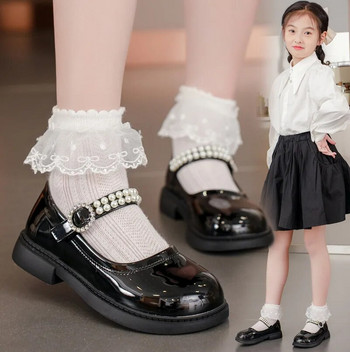 2023 Νέα απλά αντιολισθητικά Παιδικά ρηχά δερμάτινα παπούτσια Drop Shipping Pearls Glossy Princess Loafers for Party Wedding