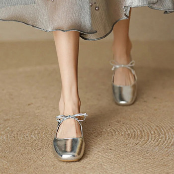 Нови дамски обувки с равни обувки с връзки и папийонка Mary Jane Обувки с квадратни пръсти Сребристи ниски токчета Сватбени обувки Кожени обувки за момичета на принцеса 1411N