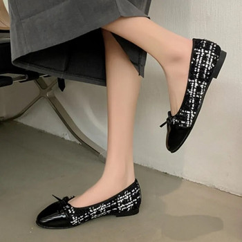 Νέα γυναικεία μπαλαράκια μαύρα παπούτσια για βάρκα καρό κοστούμι Tweed flats για γυναικείο φιόγκο στο Zapatos Mujer Άνοιξη Φθινόπωρο 1616N
