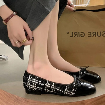 Νέα γυναικεία μπαλαράκια μαύρα παπούτσια για βάρκα καρό κοστούμι Tweed flats για γυναικείο φιόγκο στο Zapatos Mujer Άνοιξη Φθινόπωρο 1616N