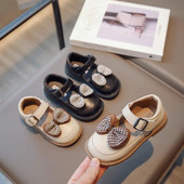 2023 m. naujas pavasaris, odiniai mergaičių batai su apvaliais pirštais, kabliukais ir kilpomis Minkšti kabliukai vaikams Madingi laisvalaikio batai Drop Shipping Bow