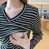 V veida kakla kokvilna pēcdzemdību apģērbs ar garām piedurknēm, barojot apakšu, T-krekls, melnbalts svītras, grūtniecēm, grūtniecēm, apģērbs 2222