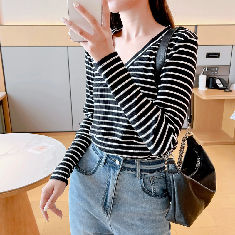 V veida kakla kokvilna pēcdzemdību apģērbs ar garām piedurknēm, barojot apakšu, T-krekls, melnbalts svītras, grūtniecēm, grūtniecēm, apģērbs 2222