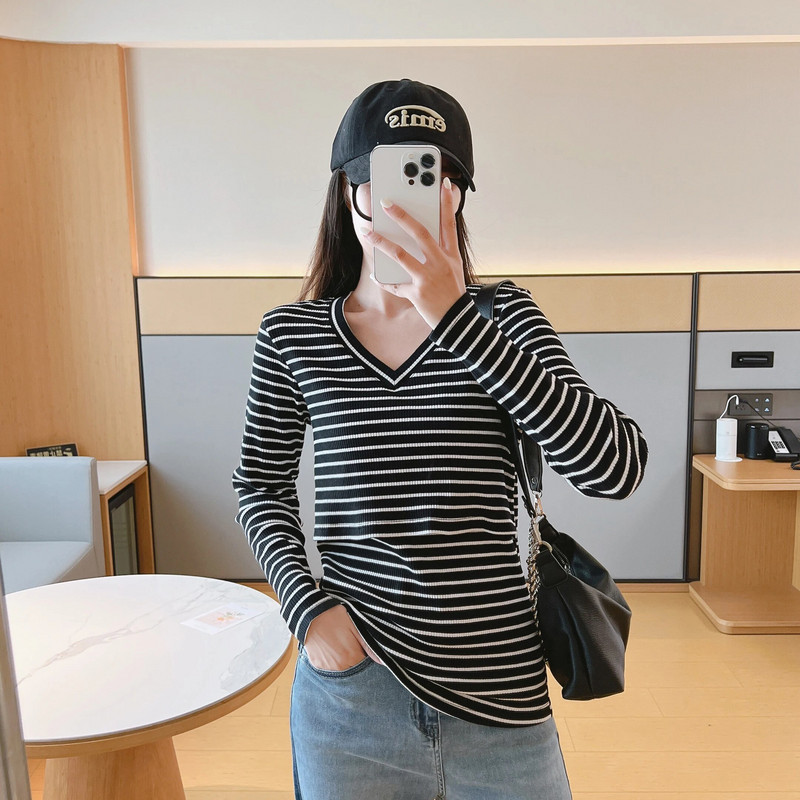 V veida kakla kokvilna pēcdzemdību apģērbs ar garām piedurknēm, barojot apakšu, T-krekls, melnbalts svītras, grūtniecēm, grūtniecēm, apģērbs 2222