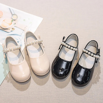Παιδικά Μαύρα Δερμάτινα Παπούτσια για Κορίτσια Πέρλες 2023 Νέα γυαλιστερά casual παπούτσια Απλό φιόγκο με στρογγυλά δάχτυλα Παιδικά Shallow Loafers Fashion PU