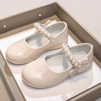 Παιδικά Μαύρα Δερμάτινα Παπούτσια για Κορίτσια Πέρλες 2023 Νέα γυαλιστερά casual παπούτσια Απλό φιόγκο με στρογγυλά δάχτυλα Παιδικά Shallow Loafers Fashion PU