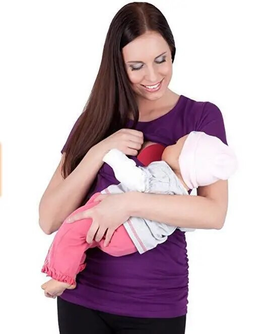 Grūtnieču T-krekls drēbes vasaras un rudens īsām piedurknēm vienkrāsaini barošanas topi zīdīšanas krekls grūtnieču drēbes XL