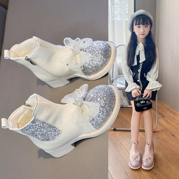 Παιδικά παπούτσια μόδας για κορίτσια φθινόπωρο/χειμώνας 2023 Μπότα με μαλακή σόλα Princess Trend Αντιολισθητική Μπότα με δύο βαμβακερές δερμάτινες μπότες Φιόγκος μπότα αστράγαλο Botas