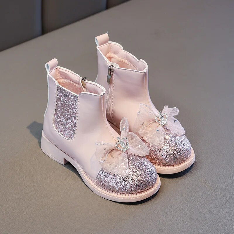 Bērnu apavu modes meiteņu zābaki rudens/ziemas 2023 Trend mīkstās zoles princeses zābaki, neslīdoši, divi kokvilnas ādas zābaki.