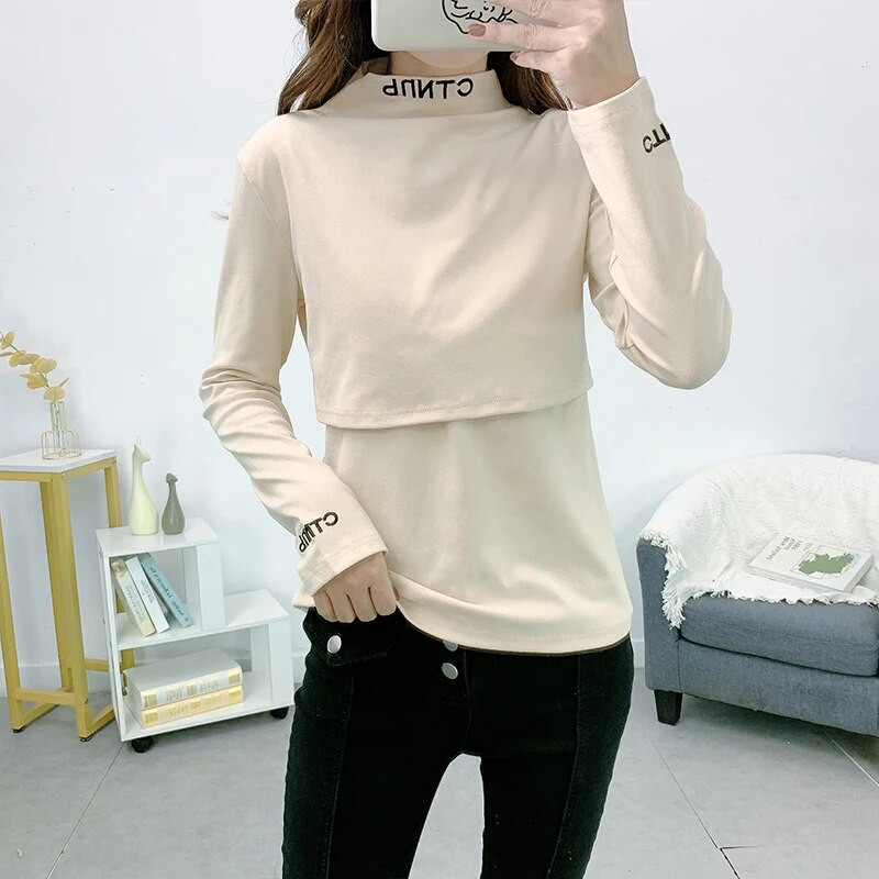 Tavaszi őszi kismama ápolóruhák hosszú ujjú betűk hímzés garbó terhes női szoptatás felsők szoptatás