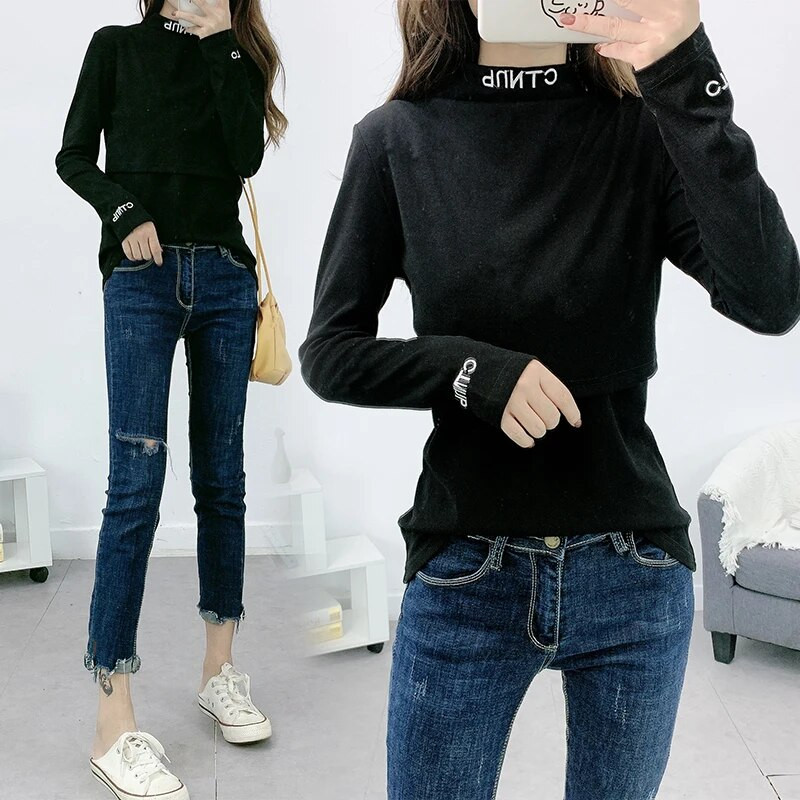 Tavaszi őszi kismama ápolóruhák hosszú ujjú betűk hímzés garbó terhes női szoptatás felsők szoptatás