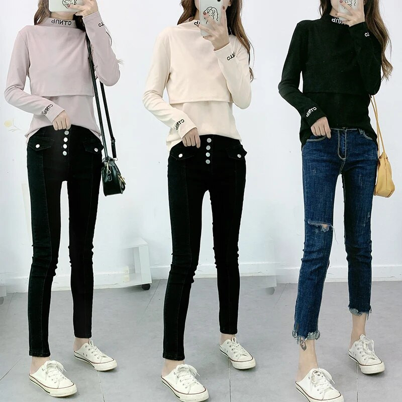 Tavaszi őszi kismama ápolóruhák hosszú ujjú betűk hímzés garbó terhes női szoptatás felsők szoptatás