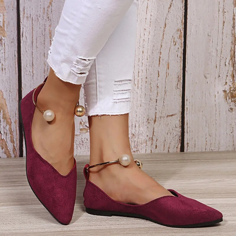 Naiste Lamedad Suure pärliga pahkluu rihmaga kingad terava varbaga Ballett Lamedad paadikingad Faux seemisnahast naiste kingad Zapatos Mujer, suur suurus 9584N