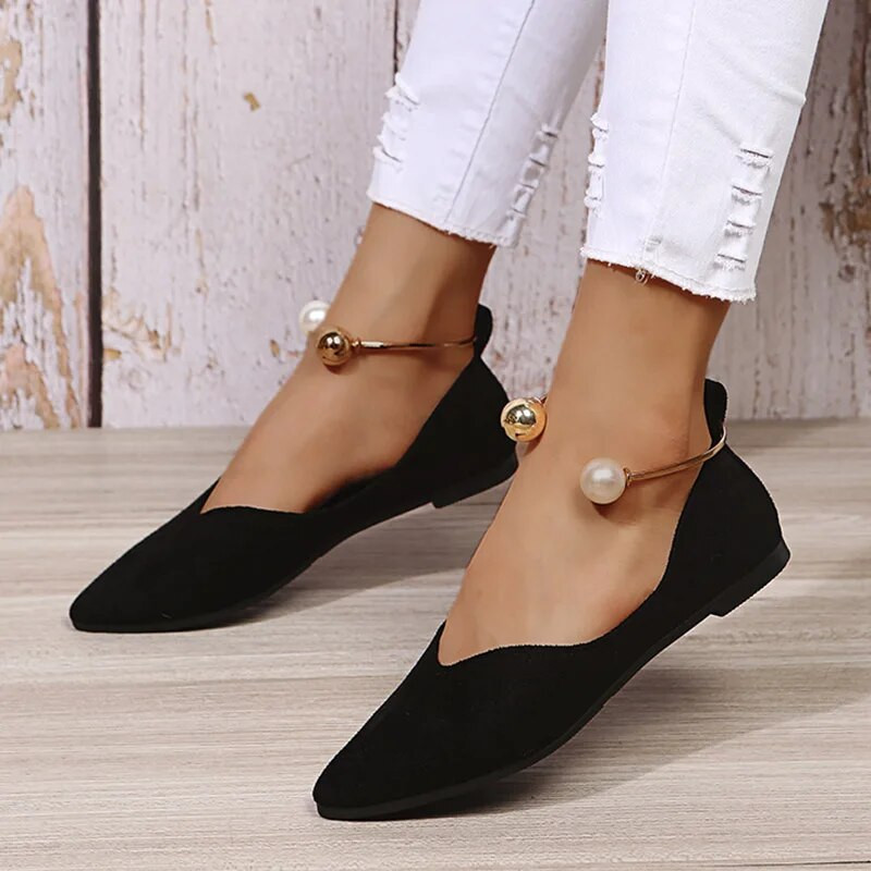 Naiste Lamedad Suure pärliga pahkluu rihmaga kingad terava varbaga Ballett Lamedad paadikingad Faux seemisnahast naiste kingad Zapatos Mujer, suur suurus 9584N