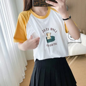 Dzeltens un balts šuvums ar īsām piedurknēm T-krekls, jauks plāns vasaras apģērbs, zīdīšanas apģērbs grūtniecēm 8603