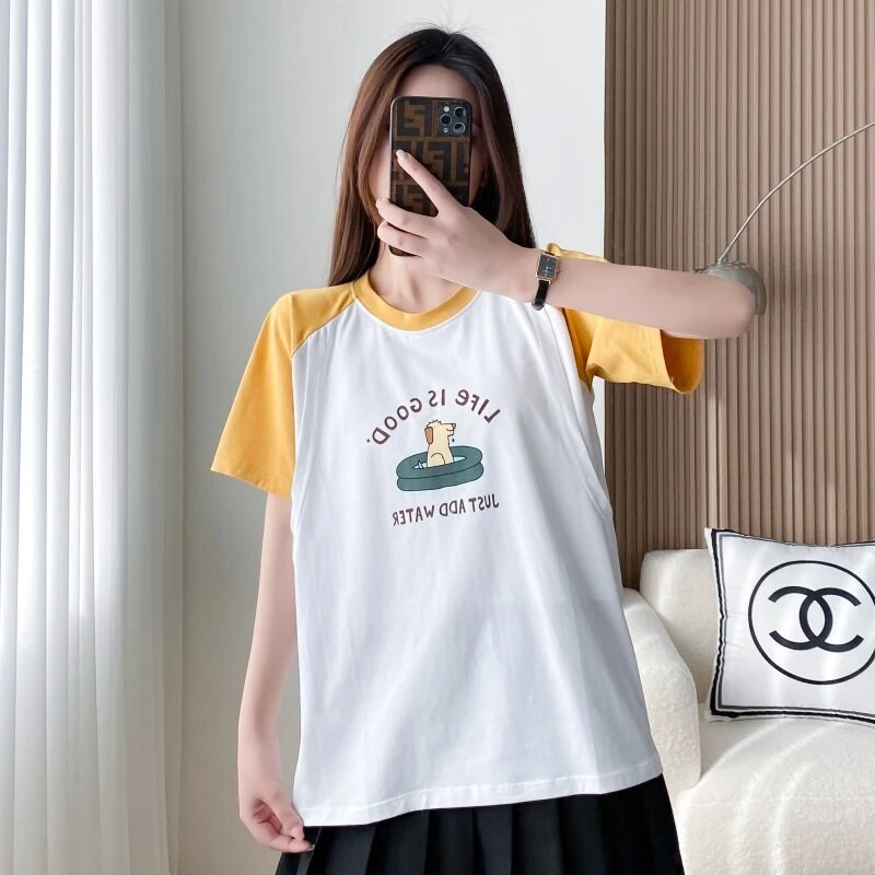 Dzeltens un balts šuvums ar īsām piedurknēm T-krekls, jauks plāns vasaras apģērbs, zīdīšanas apģērbs grūtniecēm 8603