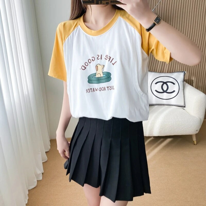 Dzeltens un balts šuvums ar īsām piedurknēm T-krekls, jauks plāns vasaras apģērbs, zīdīšanas apģērbs grūtniecēm 8603