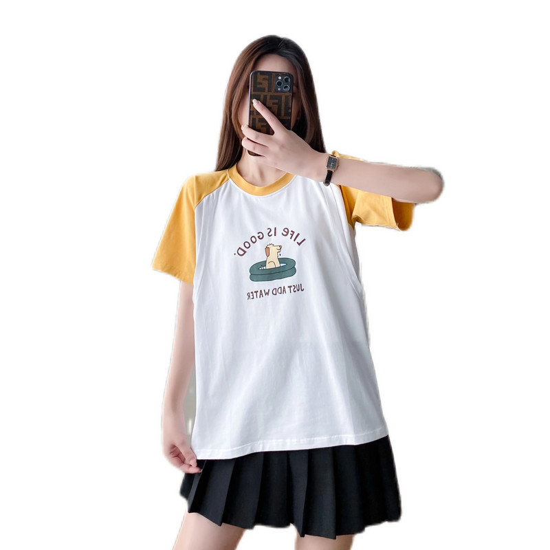 Dzeltens un balts šuvums ar īsām piedurknēm T-krekls, jauks plāns vasaras apģērbs, zīdīšanas apģērbs grūtniecēm 8603