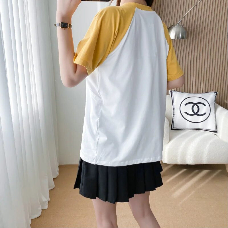 Dzeltens un balts šuvums ar īsām piedurknēm T-krekls, jauks plāns vasaras apģērbs, zīdīšanas apģērbs grūtniecēm 8603