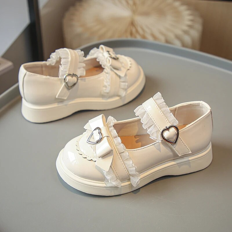 Bērnu modes 2023. gada meiteņu ādas apavi Lolitas stila mežģīnes vienkrāsainas, elegantas pavasara seklas ķepas Jauki princešu apavi bērniem