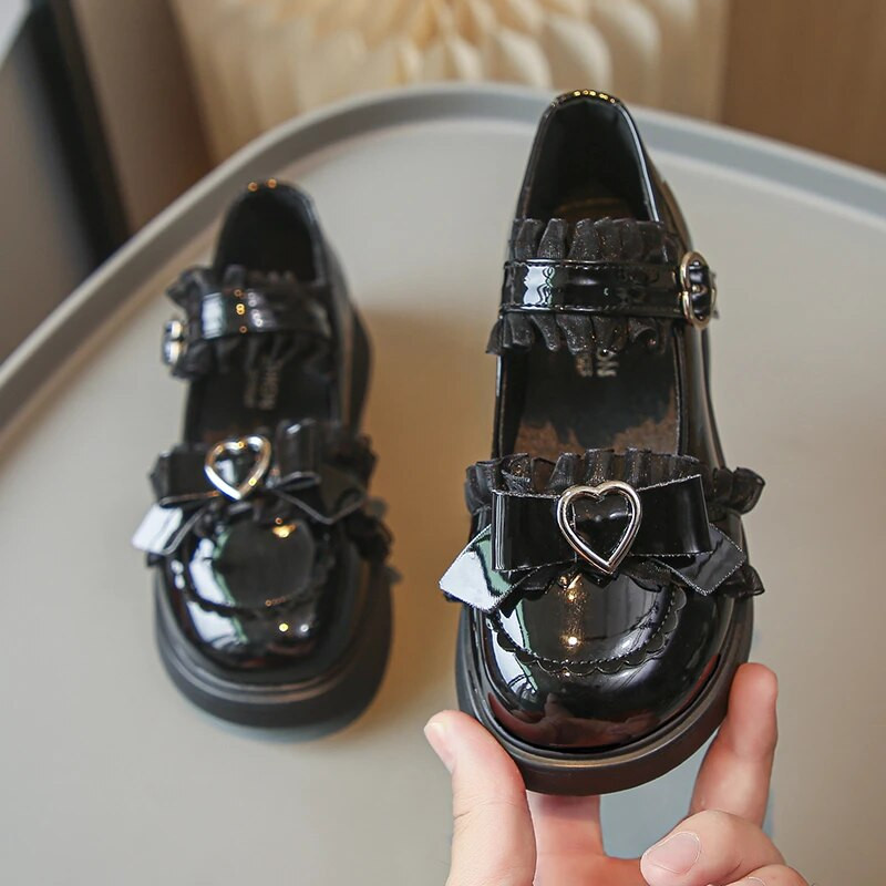 Bērnu modes 2023. gada meiteņu ādas apavi Lolitas stila mežģīnes vienkrāsainas, elegantas pavasara seklas ķepas Jauki princešu apavi bērniem