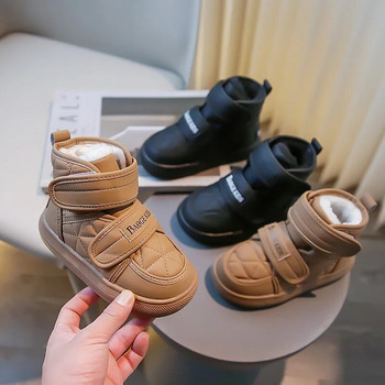 2023 Зимни детски ботуши за сняг Кожени поларени обувки за малки момчета Мека гумена подметка Модни външни топли ботуши за момичета
