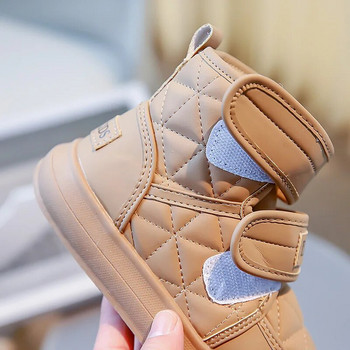 2023 Зимни детски ботуши за сняг Кожени поларени обувки за малки момчета Мека гумена подметка Модни външни топли ботуши за момичета