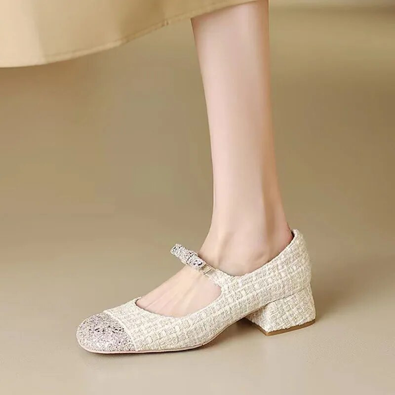 Jaunas sieviešu Mary Janes apavi Bling zemi papēži, kleita, apavi, purngals ar fliteriem auduma pumpas, bantes kostīms, tvīds Zapatos mujer 1262N