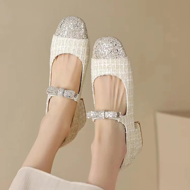 Jaunas sieviešu Mary Janes apavi Bling zemi papēži, kleita, apavi, purngals ar fliteriem auduma pumpas, bantes kostīms, tvīds Zapatos mujer 1262N