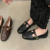 T szíj Női Cipők Varrás Bőr Cipők Csat Szíj Lapos Alacsony Sarkú Vintage Mary Janes Cipők Zapatos Mujer Tavasz Ősz 1598N