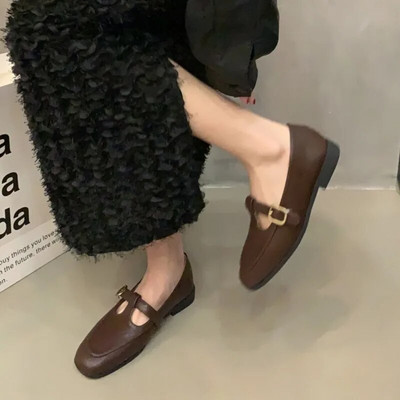 T szíj Női Cipők Varrás Bőr Cipők Csat Szíj Lapos Alacsony Sarkú Vintage Mary Janes Cipők Zapatos Mujer Tavasz Ősz 1598N