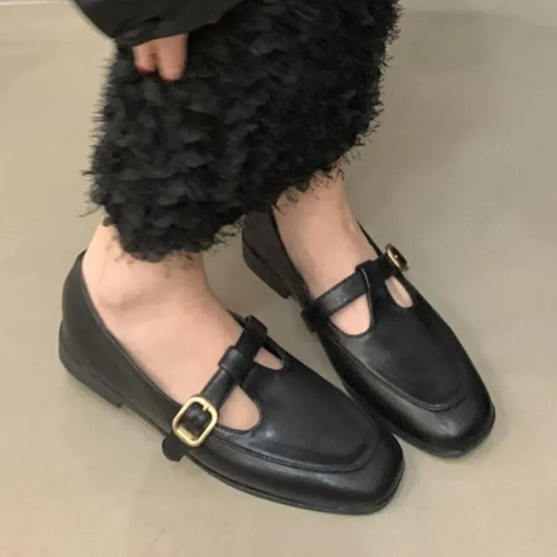T szíj Női Cipők Varrás Bőr Cipők Csat Szíj Lapos Alacsony Sarkú Vintage Mary Janes Cipők Zapatos Mujer Tavasz Ősz 1598N