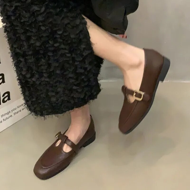 T szíj Női Cipők Varrás Bőr Cipők Csat Szíj Lapos Alacsony Sarkú Vintage Mary Janes Cipők Zapatos Mujer Tavasz Ősz 1598N