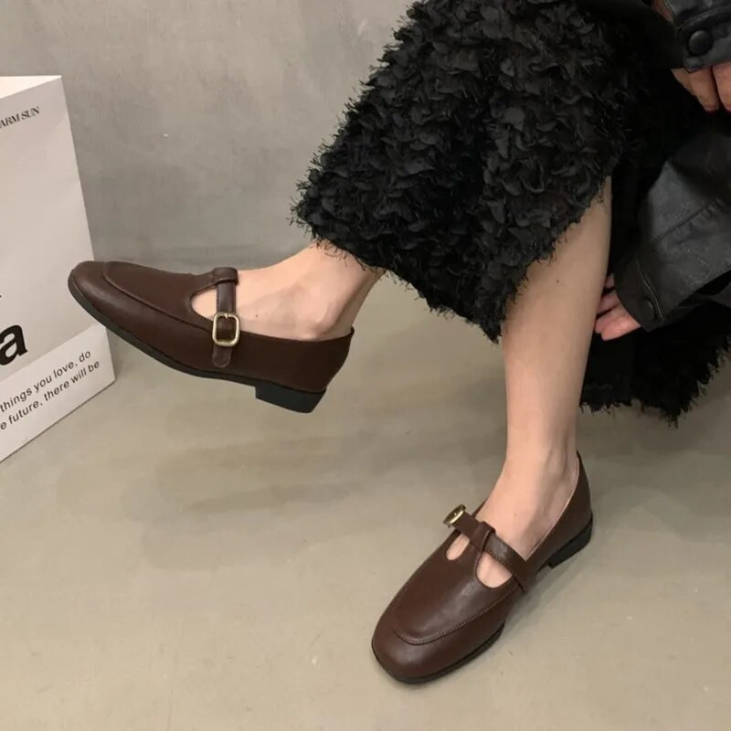 T szíj Női Cipők Varrás Bőr Cipők Csat Szíj Lapos Alacsony Sarkú Vintage Mary Janes Cipők Zapatos Mujer Tavasz Ősz 1598N