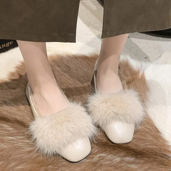 Нови зимни дамски обувки-лодки със заешка кожа с квадратни пръсти, топли мокасини, плюшени кожени обувки за дамски обувки с памучна подплата 1651N