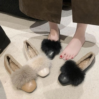Нови зимни дамски обувки-лодки със заешка кожа с квадратни пръсти, топли мокасини, плюшени кожени обувки за дамски обувки с памучна подплата 1651N