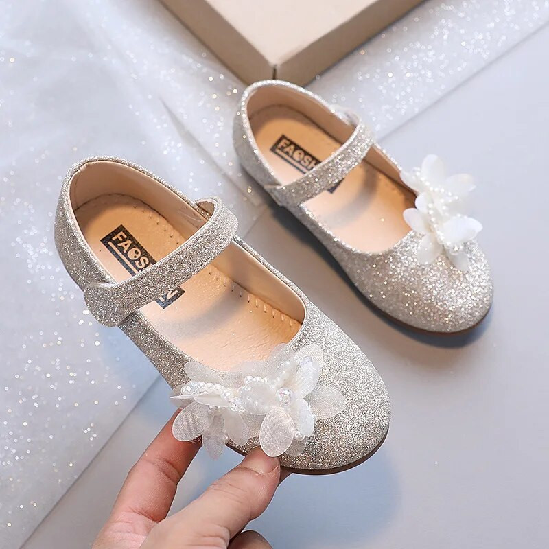 Tüdrukutele Nahast kingad Väikesed Lapsed Korterid Lasteaed Lapsed Printsessipidu Lillelised kingad Glitter Rhinestone Lilled Kevad armsad