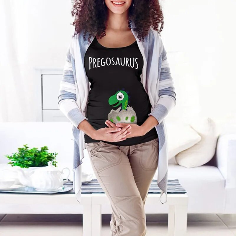 Grūtnieču apģērbs Radošs dinozauru olu apdrukas T krekls grūtniecēm, topi ar apaļu kakla izgriezumu Poliestera grūtniecības krekls P0411