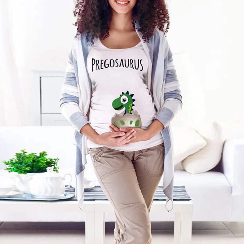 Grūtnieču apģērbs Radošs dinozauru olu apdrukas T krekls grūtniecēm, topi ar apaļu kakla izgriezumu Poliestera grūtniecības krekls P0411